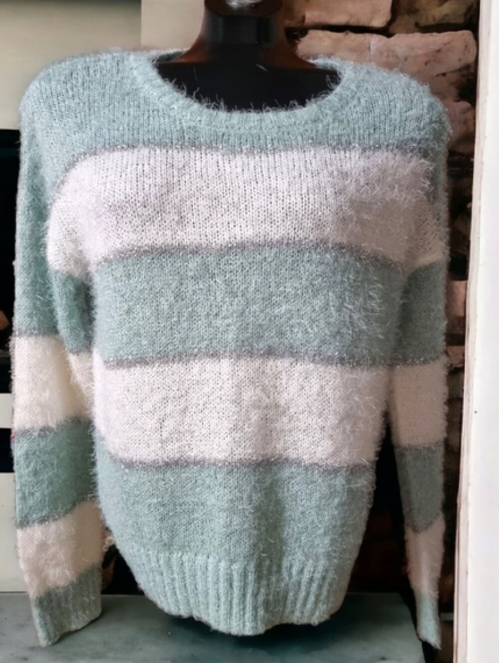 Moral Fiber Fuzzy Lightweight Striped Mint & Cream Metallic Crewneck Sweater M